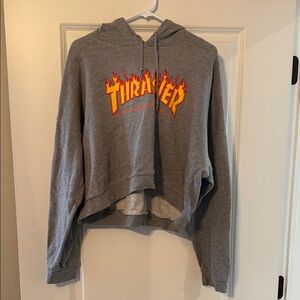 Thrasher Gray Cropped Hoodie with Flame Logo